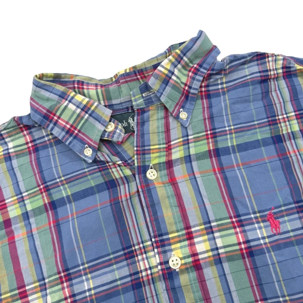 Polo Ralph Lauren Button Down Medium Blue Multi Plaid Classic Fit Short Sleeve